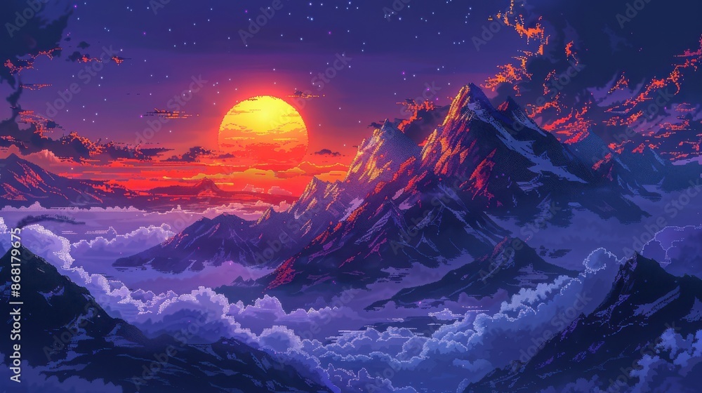 Vibrant sunset over ethereal mountain peaks with a colorful sky and dreamy clouds, creating a serene and majestic natural landscape. Vibrant sunset over ethereal mountain peaks with a colorful sky and dreamy clouds, creating a serene and majestic natural landscape.