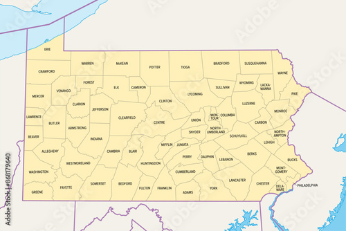 Pennsylvania counties, political map. Commonwealth of Pennsylvania, a state of the Mid-Atlantic and Northeastern United States, subdivided into 67 counties. Map with boundaries and county names.