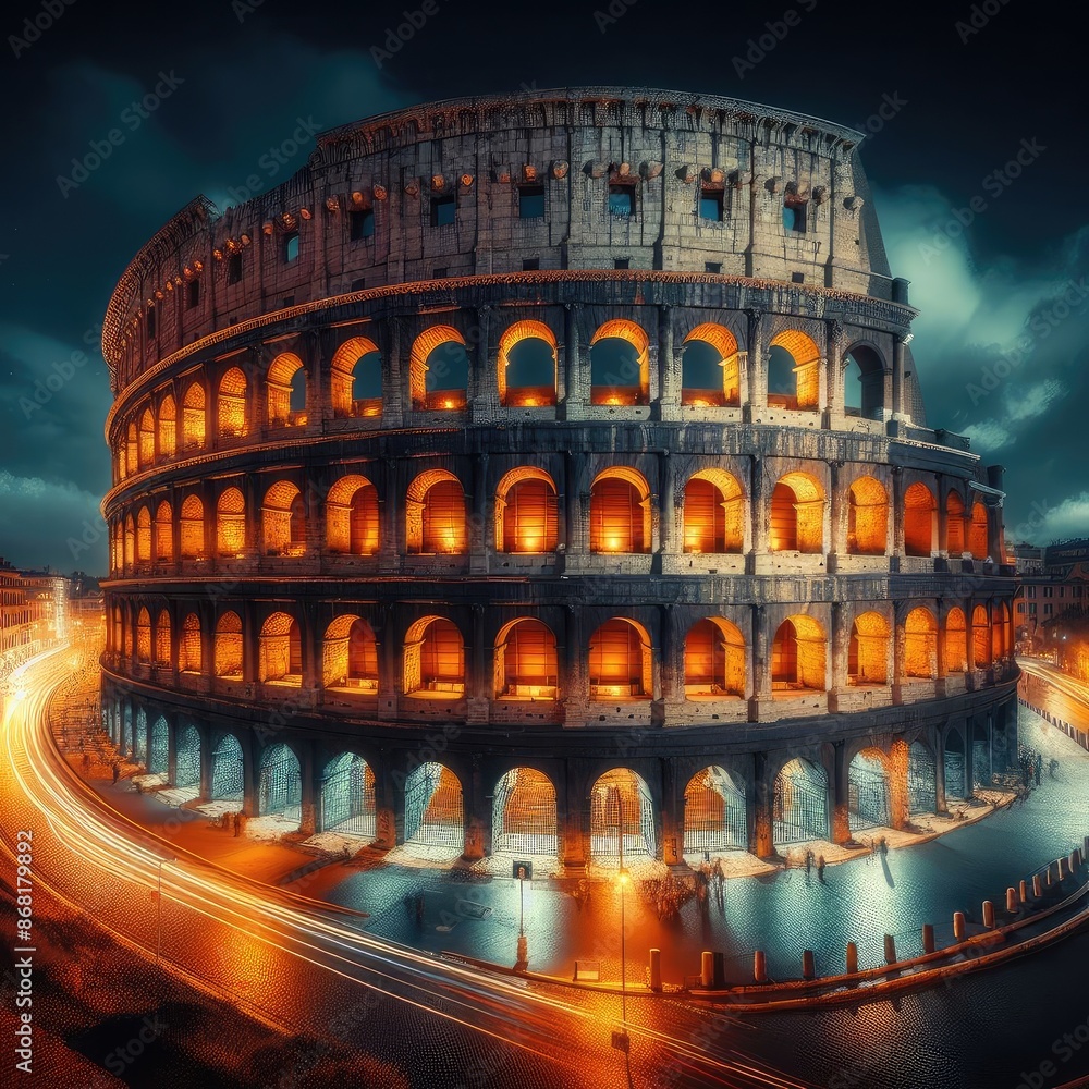Naklejka premium Night time view of Rome's ancient Colosse