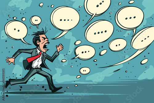 Frustrated Businessman Flees Collapsing Speech Bubbles, Overwhelmed by Communication Overload and Inefficient Meetings