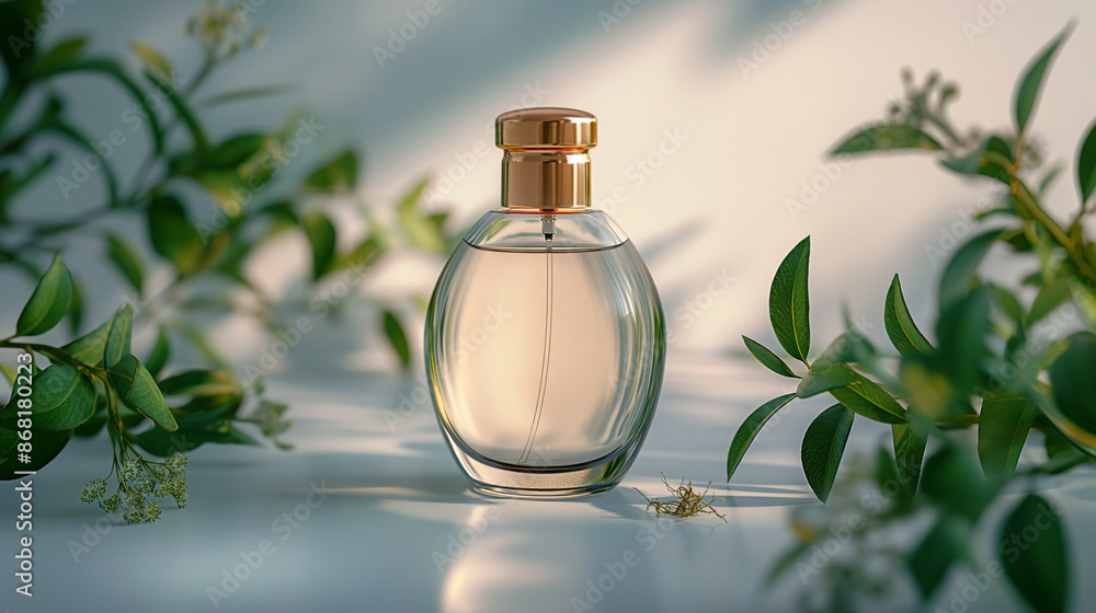 A bottle of white perfume, stands tall and elegant against a pristine white background. The gold cap is centered above the body, which contains clear glass that reflects light beautifully. Small green A bottle of white perfume, stands tall and elegant against a pristine white background. The gold cap is centered above the body, which contains clear glass that reflects light beautifully. Small green
