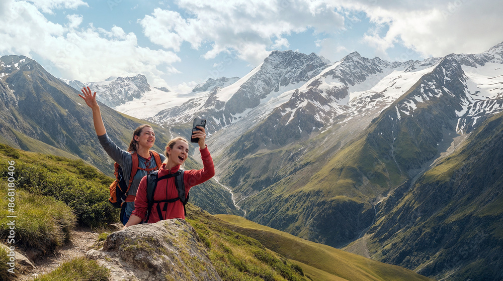 Fototapeta premium Hikers taking a selfie with mountain landscape, enjoying outdoor adventure and capturing memories