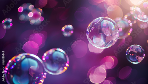 Beautiful transparent soap bubbles on dark background