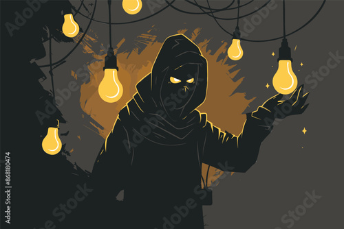 Intellectual Property Theft: Thief in Black Stealing Bright Idea from Rightful Owner, Running Away with Glowing Light Bulb