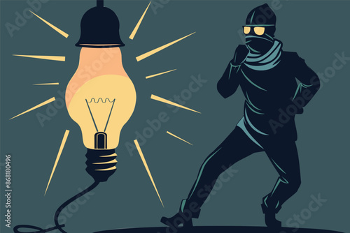 Intellectual Property Theft: Thief in Black Stealing Bright Idea from Rightful Owner, Running Away with Glowing Light Bulb