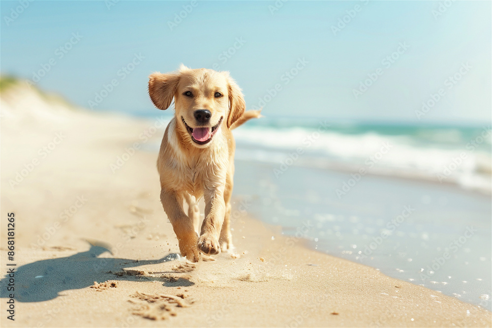Beautiful little happy golden retriever dog having fun on the beach at the sunny day. Blurred sea at the background Beautiful little happy golden retriever dog having fun on the beach at the sunny day. Blurred sea at the background
