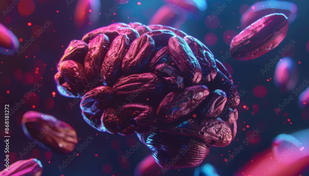 Futuristic concept art of a human brain formed from coffee beans, floating in vibrant, surreal background with bold colors. Futuristic concept art of a human brain formed from coffee beans, floating in vibrant, surreal background with bold colors.