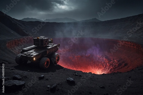 A massive vehicle fearlessly traverses through a treacherous and molten lava pit. photo