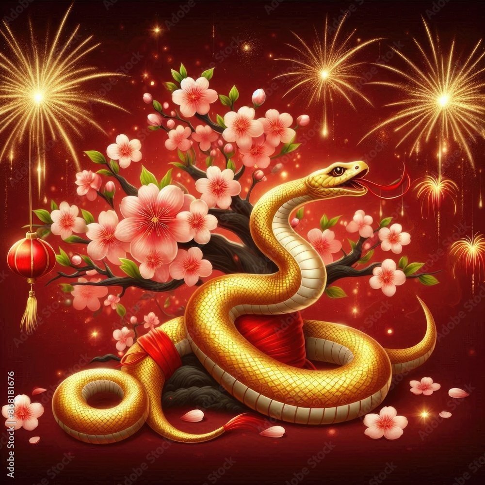 Golden Snake with Cherry Blossoms and Fireworks for Chinese New Year Golden Snake with Cherry Blossoms and Fireworks for Chinese New Year