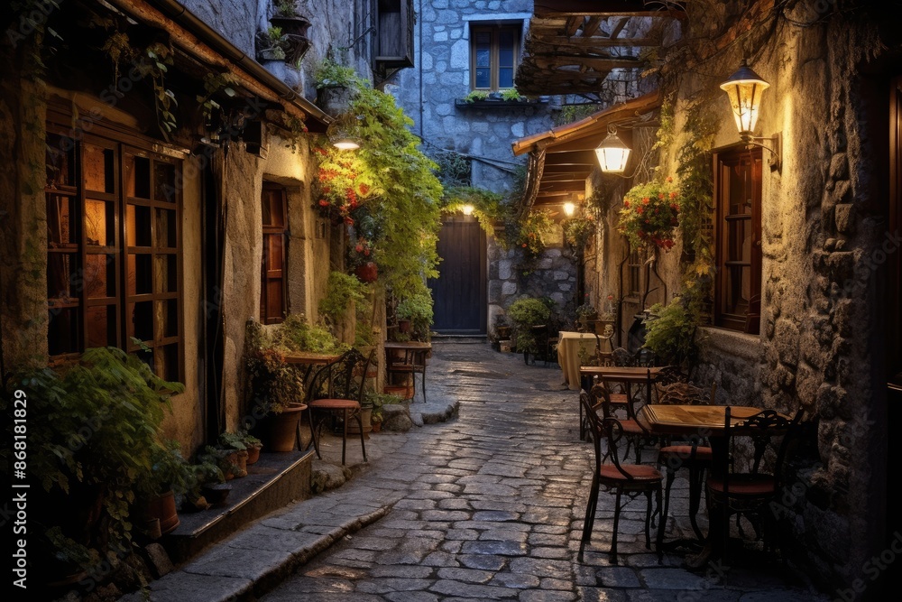Fototapeta premium Alleyway Ambiance: Photograph a cozy drink in a narrow, cobblestone village alley.