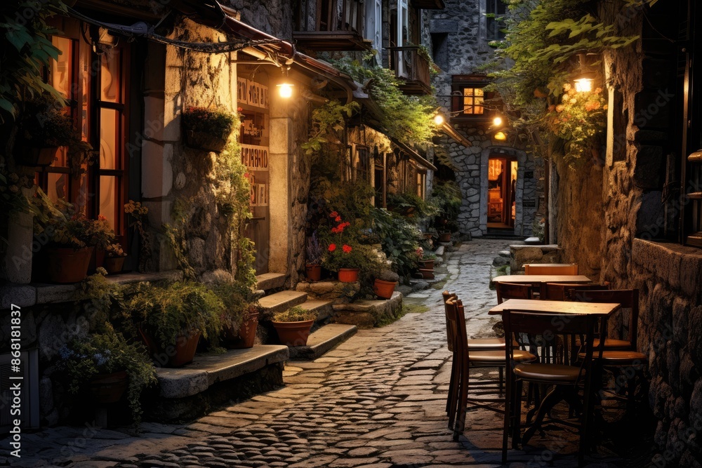 Φωτογραφία Alleyway Ambiance: Photograph a cozy drink in a narrow, cobblestone village alley
