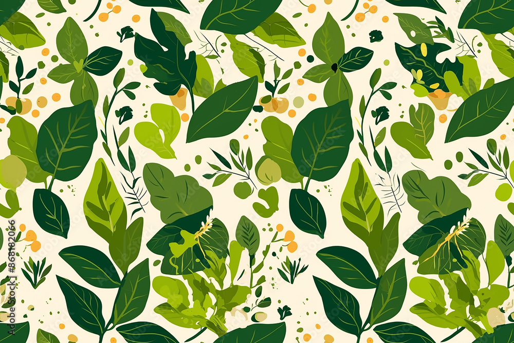 Green botanical pattern with various leaves and plant elements on a beige background. The design is fresh and vibrant, perfect for nature-inspired projects. Green botanical pattern with various leaves and plant elements on a beige background. The design is fresh and vibrant, perfect for nature-inspired projects.