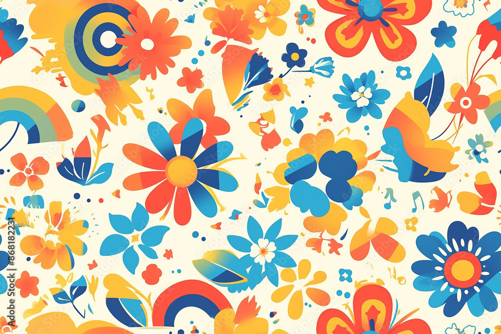 A retro-inspired seamless pattern with bold, vibrant flowers and rainbows in a 70s color palette. The design is energetic, fun, and perfect for creating a nostalgic vibe. A retro-inspired seamless pattern with bold, vibrant flowers and rainbows in a 70s color palette. The design is energetic, fun, and perfect for creating a nostalgic vibe.