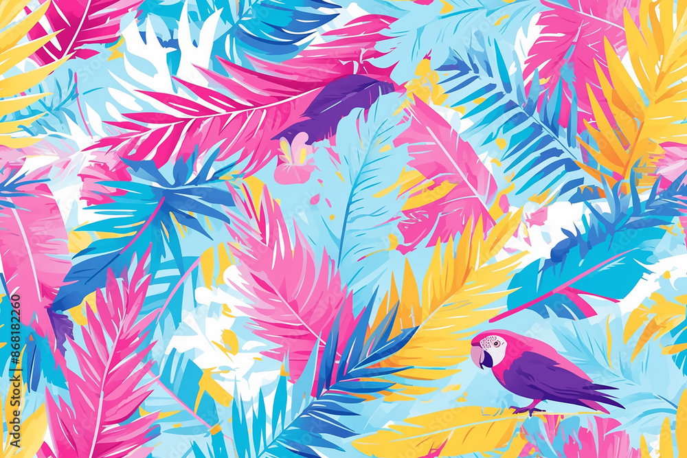 Vibrant seamless pattern with colorful feathers and a parrot on a light blue background, creating a lively and exotic tile. Vibrant seamless pattern with colorful feathers and a parrot on a light blue background, creating a lively and exotic tile.