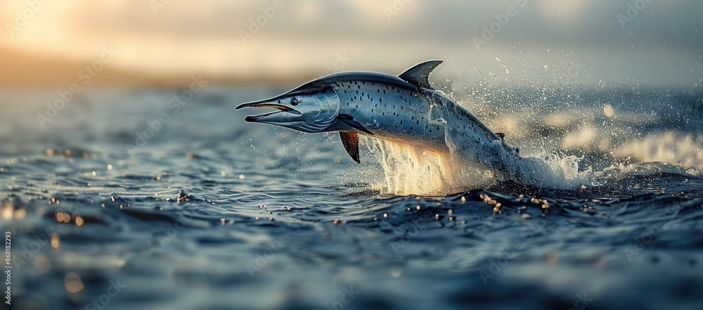 Fototapeta premium A Blue Marlin Leaps Through the Waves at Sunset
