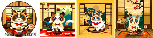 4 photo collages. Vector design featuring a brown and white cat with blue eyes and a red bow tie. Includes Akita Inu dog Hachiko without bow. Simple shapes for a clean and modern look. photo