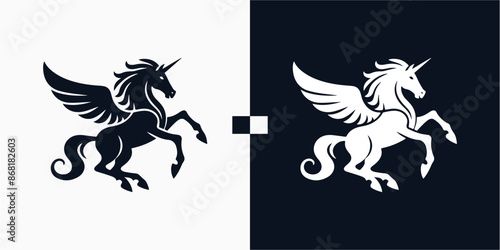 Pegasus horse logo, Pegasus Skyline vector design inspiration, Monochrome Emblem of Running Pegasus isolated on white, Vector image of a silhouette of a mythical creature of Pegasus Illustration