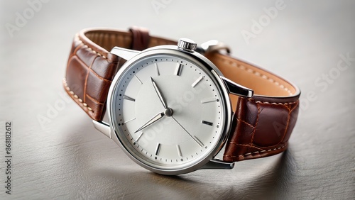 Wristwatch with leather strap and silver dial, timepiece, accessory, wrist, watch, fashion, style, luxury, elegant, silver, leather