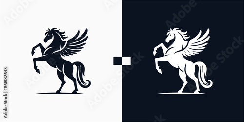 Pegasus horse logo, Pegasus Skyline vector design inspiration, Monochrome Emblem of Running Pegasus isolated on white, Vector image of a silhouette of a mythical creature of Pegasus Illustration