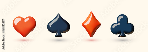 3D card suits. Hearts, diamonds, crosses and spades. Gambling design.
