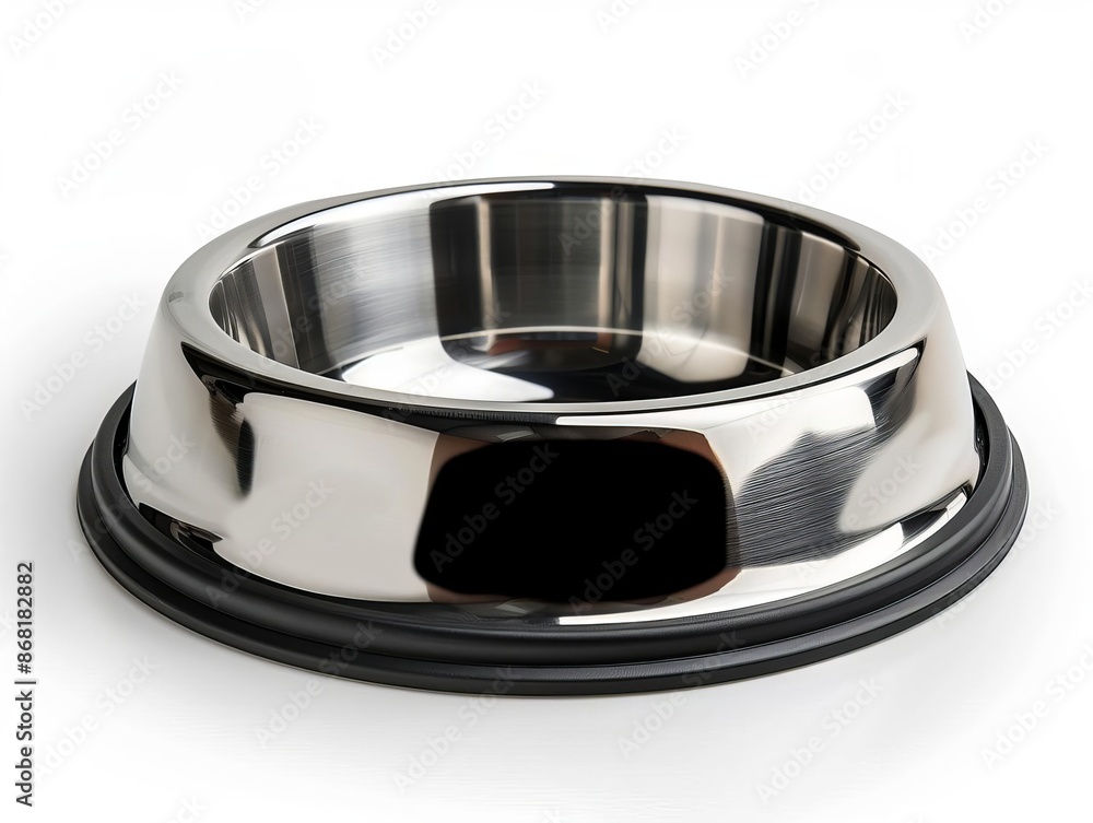 Round silver metal pet bowl with a black rubber ring on the bottom isolated on white background Round silver metal pet bowl with a black rubber ring on the bottom isolated on white background