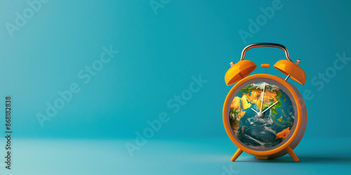 An alarm clock counting down to climate change. Set on a blue background photo