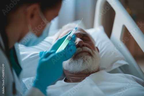 Doctor using thermometer to measure the temperature of senior man lying in hospital bed Man and woman, senior man lying in hospital bed because of coronavirus infection, female doctor using thermomete photo