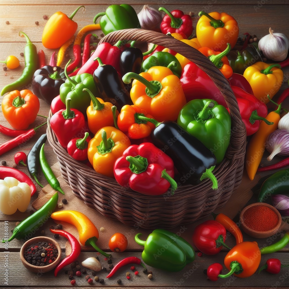 Healthy vegetable basket with peppers, tomatoes, and fresh produce Healthy vegetable basket with peppers, tomatoes, and fresh produce