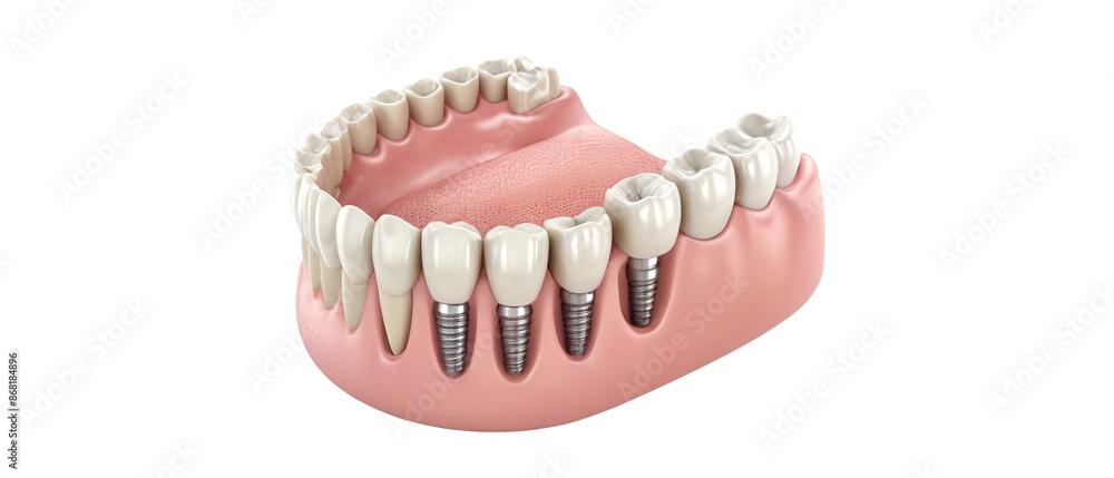 White dental implant. Dental implant. Implants can support a permanent single tooth crown, a multi-tooth bridge or even a full fixed denture. Generative AI White dental implant. Dental implant. Implants can support a permanent single tooth crown, a multi-tooth bridge or even a full fixed denture. Generative AI