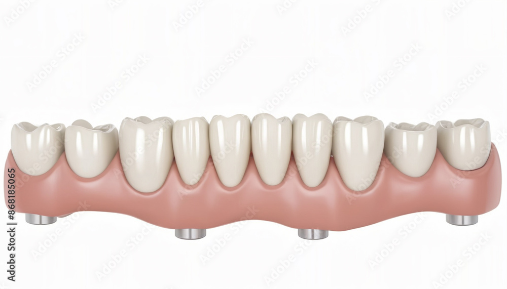 White dental implant. Dental implant. Implants can support a permanent single tooth crown, a multi-tooth bridge or even a full fixed denture. Generative AI White dental implant. Dental implant. Implants can support a permanent single tooth crown, a multi-tooth bridge or even a full fixed denture. Generative AI