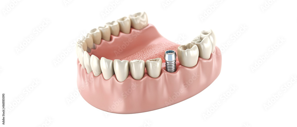 White dental implant. Dental implant. Implants can support a permanent single tooth crown, a multi-tooth bridge or even a full fixed denture. Generative AI White dental implant. Dental implant. Implants can support a permanent single tooth crown, a multi-tooth bridge or even a full fixed denture. Generative AI