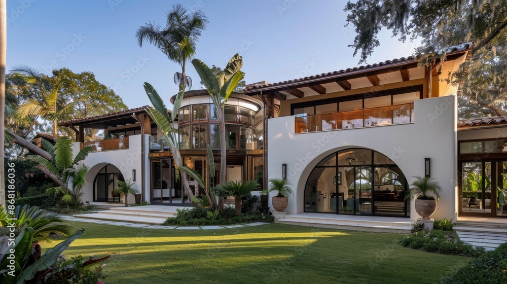 Modern Mediterranean Mansion with Lush Tropical Landscaping and Expansive Windows. Modern Mediterranean Mansion with Lush Tropical Landscaping and Expansive Windows.