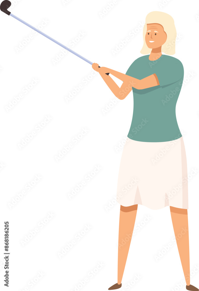 Senior woman playing golf holding club, happy elderly character enjoying recreation or sport activity Senior woman playing golf holding club, happy elderly character enjoying recreation or sport activity