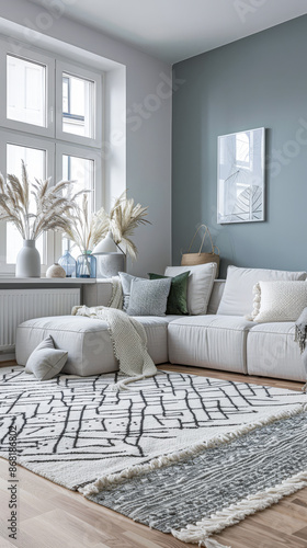 Minimalist living room interiors in turquoise color with minimal furniture  boho decor and natural lighting.Interiors design composition concept image.