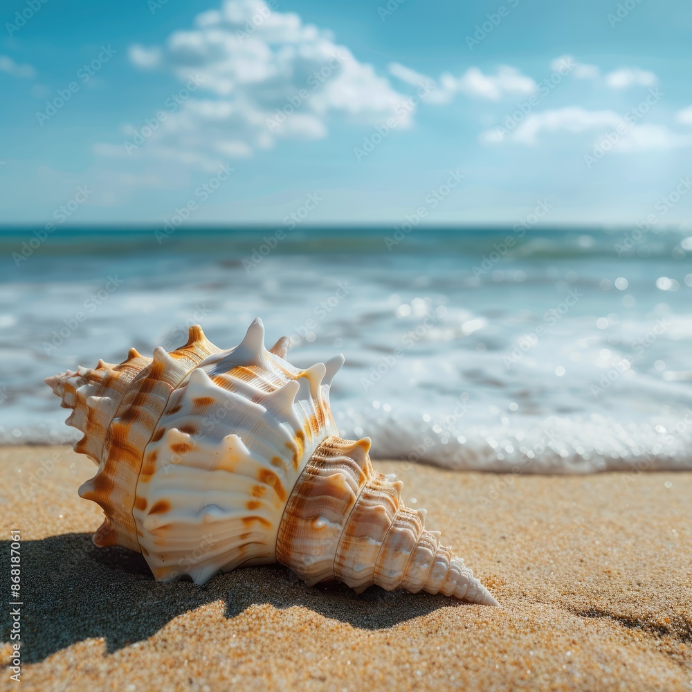 A beautiful large shell or clam on the seashore against the background of a wave. The concept of relaxation, harmony, and travel. A beautiful large shell or clam on the seashore against the background of a wave. The concept of relaxation, harmony, and travel.