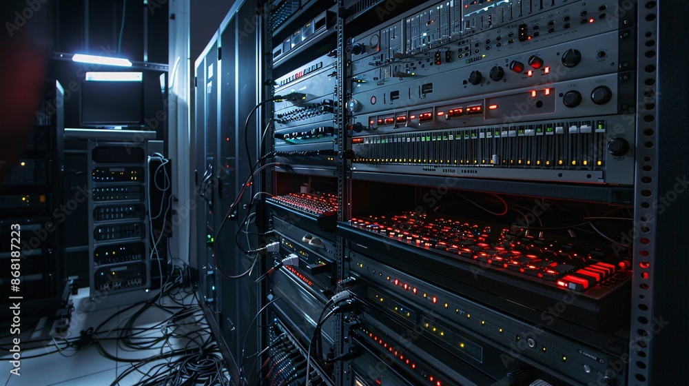 Network server room with rows of server racks for digital data storage. Network server room with rows of server racks for digital data storage.