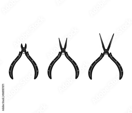 Set of 3 types of pliers diagonal cutters, long nose and long needle nose