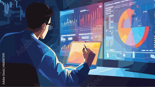 Strategic businessman analyzes pie chart data to forecast market trends and optimize investment portfolio for maximum returns