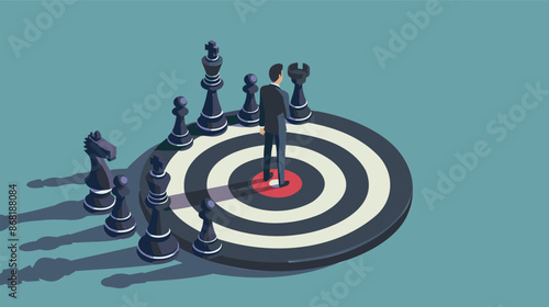 Strategic Planning for Success: Businessman Plays Chess on Bullseye Target, Aiming for Market Growth and Company Goals