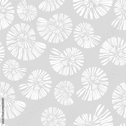 Sea shells and fossils vector seamless pattern. Summer beach hand-drawn doodle seaside print. Ocean fashion textile monochrome black and white colors. Seashore elements design for fabrics, wallpaper