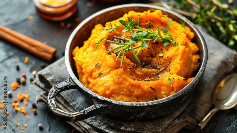 Herb-Infused Mashed Sweet Potatoes in a Saucepan Herb-Infused Mashed Sweet Potatoes in a Saucepan