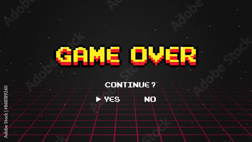 Game over continue.pixel art .8 bit game.retro game. for game assets in vector illustrations.Retro Futurism Sci-Fi Background.	