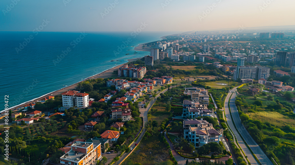 Fototapeta premium Aerial view of a coastal city with a mix of residential buildings, green spaces, and a vast blue sea under a clear sky.