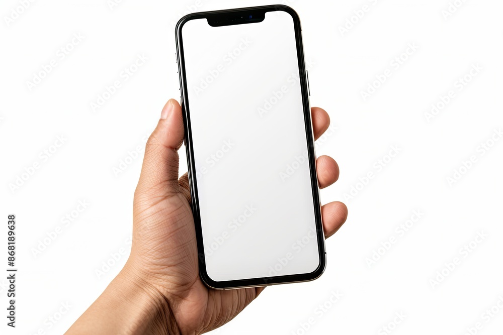 custom made wallpaper toronto digitalHand holding smartphone with blank white screen, isolated on white background. Mobile phone mockup for app, website design or advertisement.