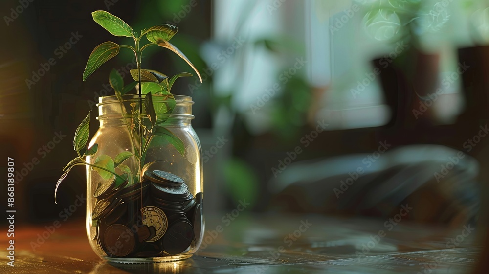 Fototapeta premium Growing plant sprouting from glass jar filled with coins, symbolizing financial growth, savings, investment, and wealth.