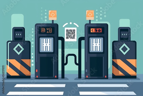 A digital ticketing system icon with scannable codes and a sleek turnstile photo