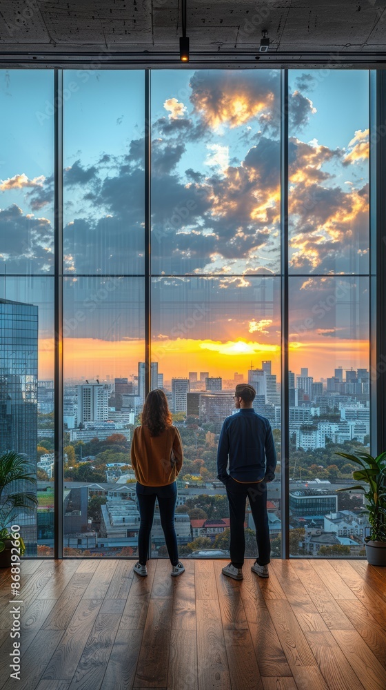 A group of mixed professionals standing in an office with their backs to the picture, looking out through the floor-to-ceiling windows. A group of mixed professionals standing in an office with their backs to the picture, looking out through the floor-to-ceiling windows.