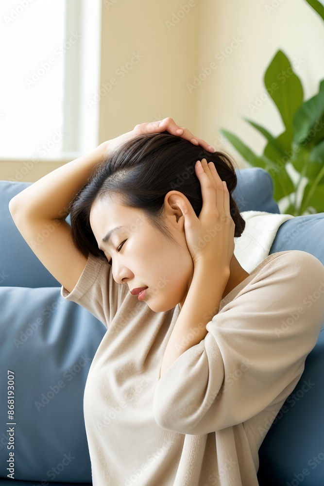 Dizzy asian young woman, girl headache or migraine pain suffering from vertigo while sitting on couch in living room at home, holding head with hand, health problem of brain or inner ear not balance. Dizzy asian young woman, girl headache or migraine pain suffering from vertigo while sitting on couch in living room at home, holding head with hand, health problem of brain or inner ear not balance.