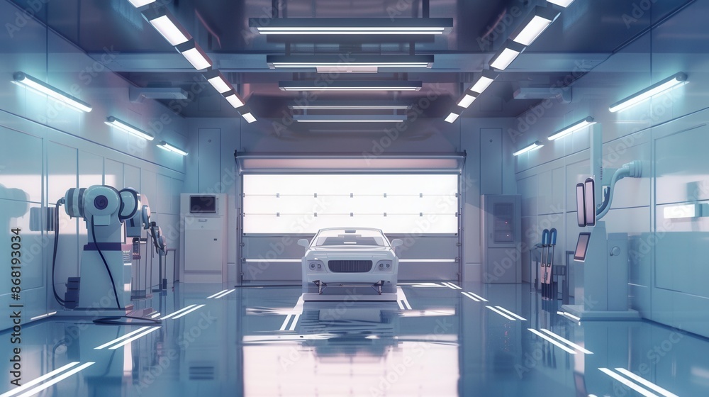 Obraz premium A sleek and modern automotive painting shop with robotic systems, showcasing the latest technology in paint application and automotive manufacturing. Generative AI
