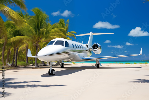 Private jet parked at runway on luxury tropical paradise seashore. Generative AI photo